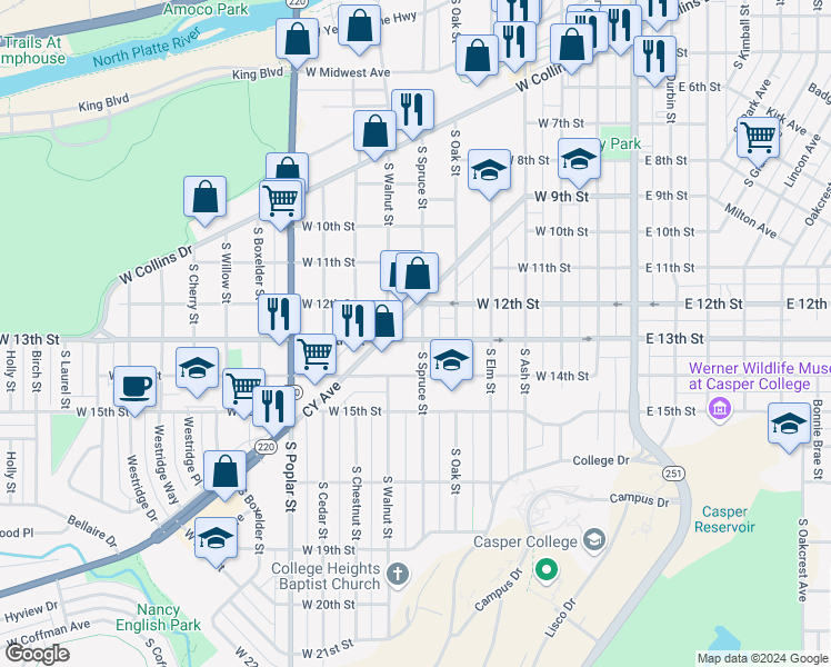 map of restaurants, bars, coffee shops, grocery stores, and more near 1318 South Spruce Street in Casper