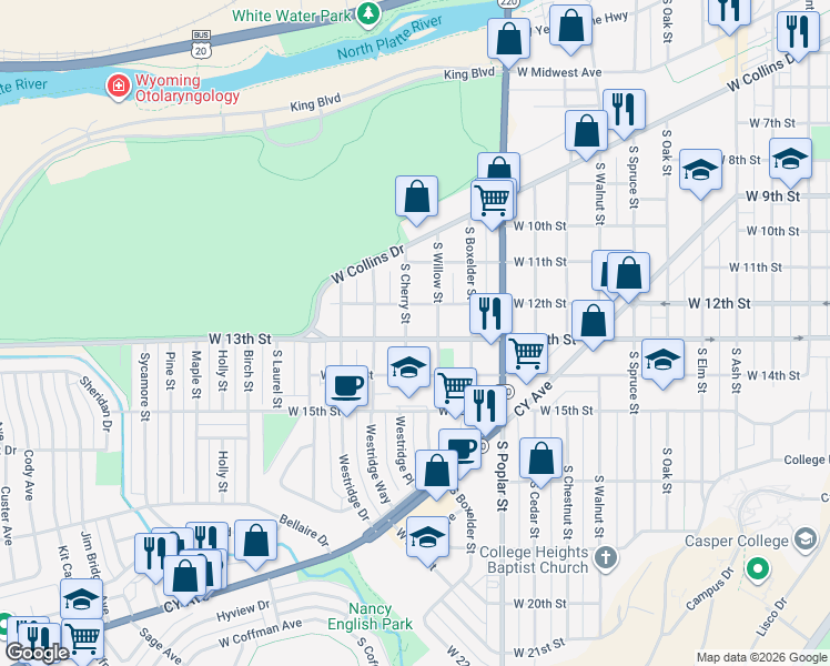 map of restaurants, bars, coffee shops, grocery stores, and more near 1326 South Cherry Street in Casper