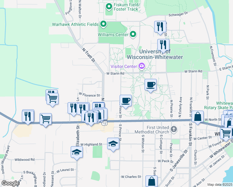 map of restaurants, bars, coffee shops, grocery stores, and more near 166 North Prince Street in Whitewater