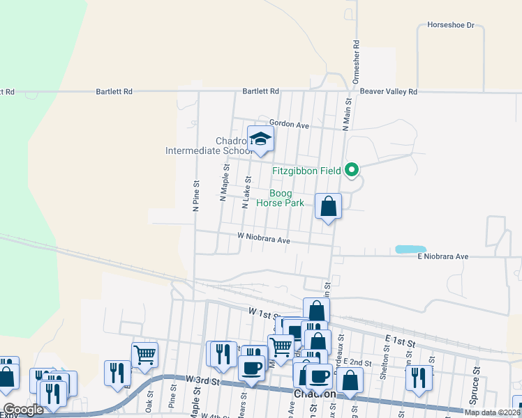 map of restaurants, bars, coffee shops, grocery stores, and more near 226 North Mears Street in Chadron