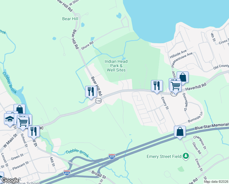 map of restaurants, bars, coffee shops, grocery stores, and more near 101 East Main Street in Merrimac