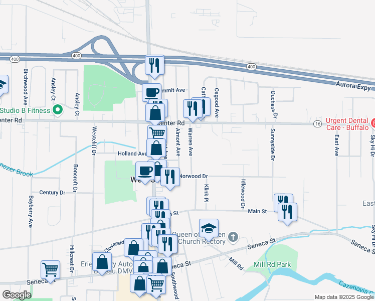 map of restaurants, bars, coffee shops, grocery stores, and more near 27 Almont Avenue in Buffalo