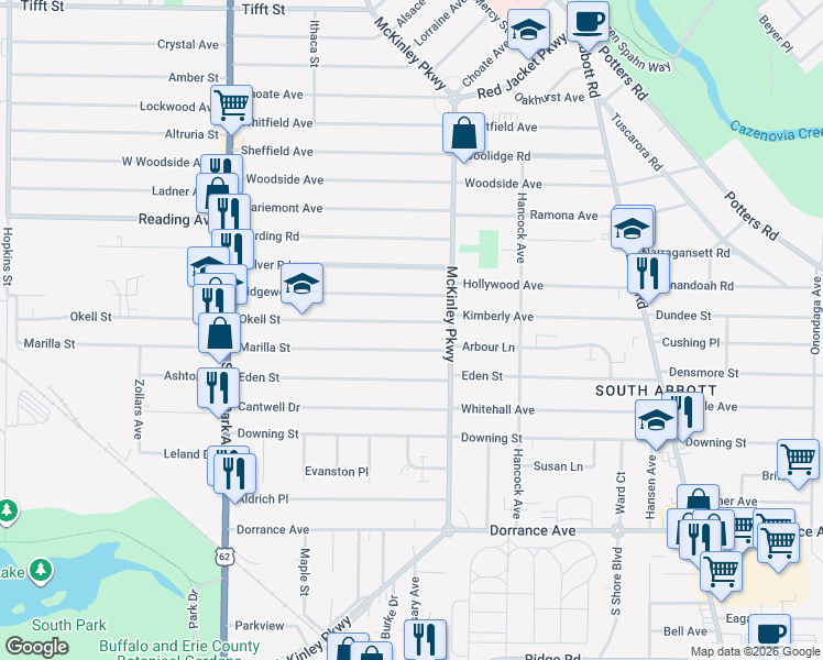 map of restaurants, bars, coffee shops, grocery stores, and more near 655 Marilla Street in Buffalo