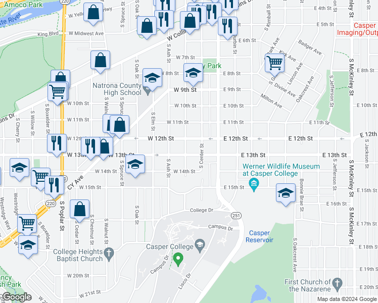 map of restaurants, bars, coffee shops, grocery stores, and more near 140 West 13th Street in Casper