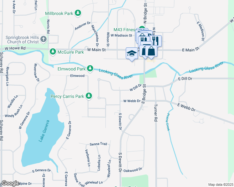 map of restaurants, bars, coffee shops, grocery stores, and more near 402 West Dill Drive in DeWitt
