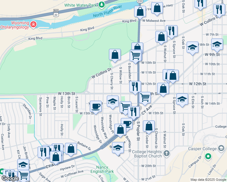 map of restaurants, bars, coffee shops, grocery stores, and more near 1237 South Cherry Street in Casper