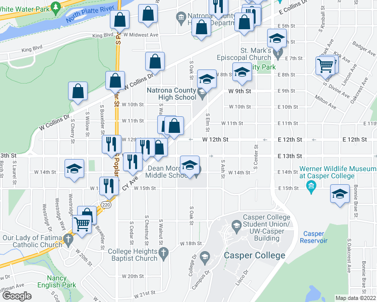 map of restaurants, bars, coffee shops, grocery stores, and more near 1234 South Oak Street in Casper