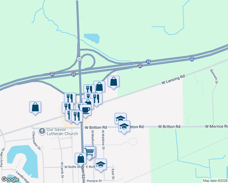 map of restaurants, bars, coffee shops, grocery stores, and more near 2774 West Lansing Road in Perry