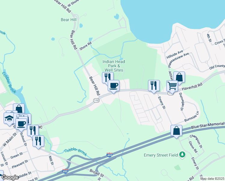 map of restaurants, bars, coffee shops, grocery stores, and more near 96 East Main Street in Merrimac
