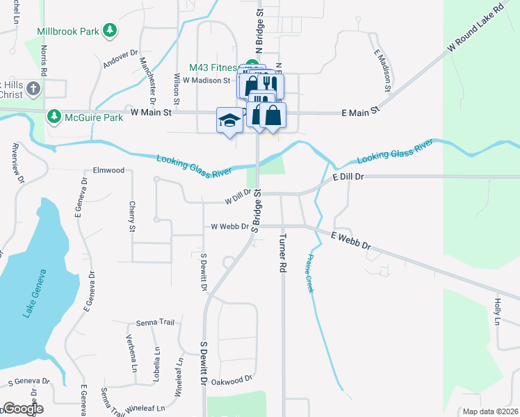 map of restaurants, bars, coffee shops, grocery stores, and more near 605 South Bridge Street in DeWitt