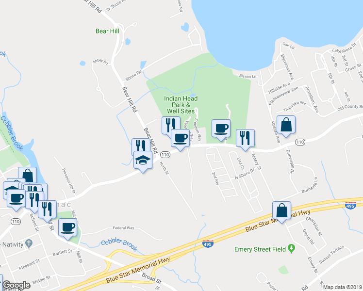 map of restaurants, bars, coffee shops, grocery stores, and more near 98 East Main Street in Merrimac