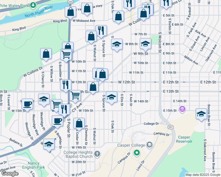 map of restaurants, bars, coffee shops, grocery stores, and more near 1232 South Oak Street in Casper