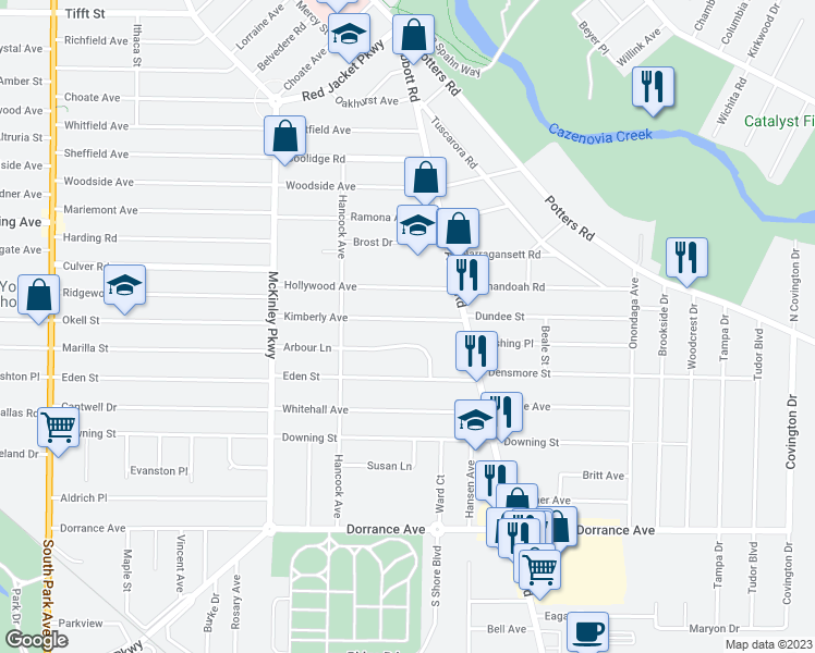 map of restaurants, bars, coffee shops, grocery stores, and more near 135 Kimberly Avenue in Buffalo