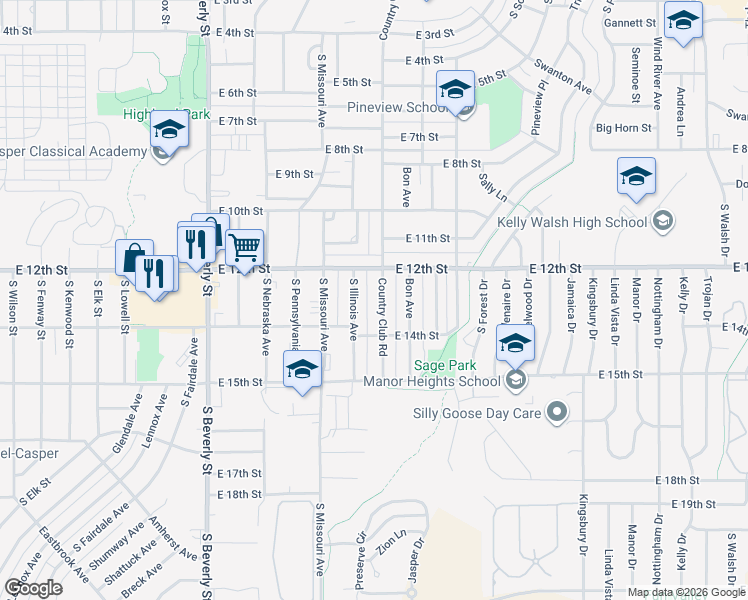 map of restaurants, bars, coffee shops, grocery stores, and more near 1201-1399 S Illinois Ave in Casper