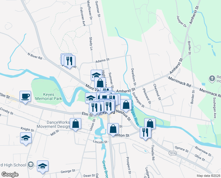 map of restaurants, bars, coffee shops, grocery stores, and more near 14 Summer Street in Milford