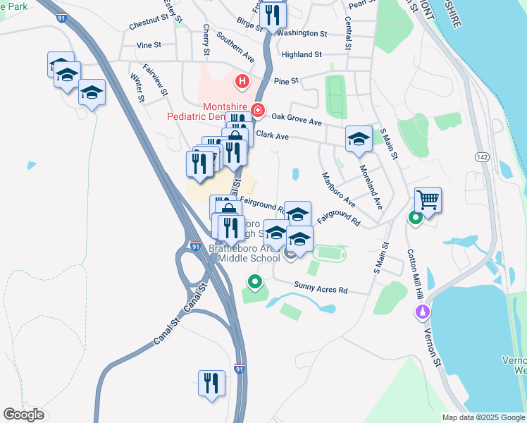 map of restaurants, bars, coffee shops, grocery stores, and more near 30 Fairground Road in Brattleboro