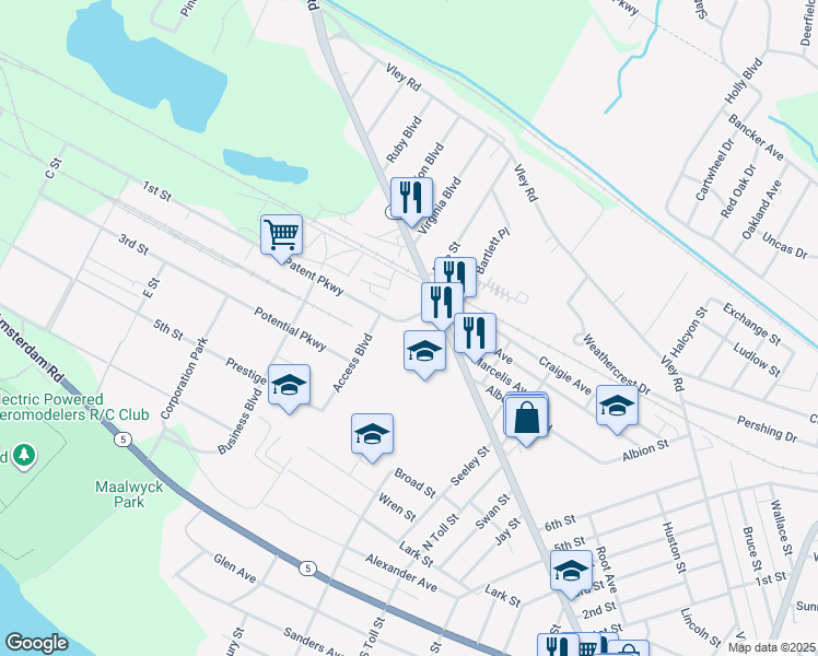 map of restaurants, bars, coffee shops, grocery stores, and more near 215 Sacandaga Road in Glenville