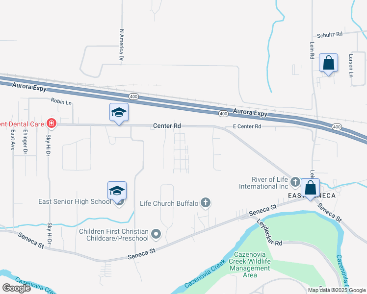 map of restaurants, bars, coffee shops, grocery stores, and more near 21-35 Oakridge Drive in West Seneca