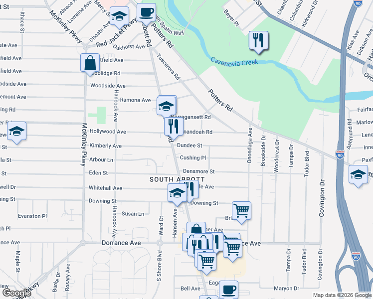 map of restaurants, bars, coffee shops, grocery stores, and more near 14 Dundee Street in Buffalo