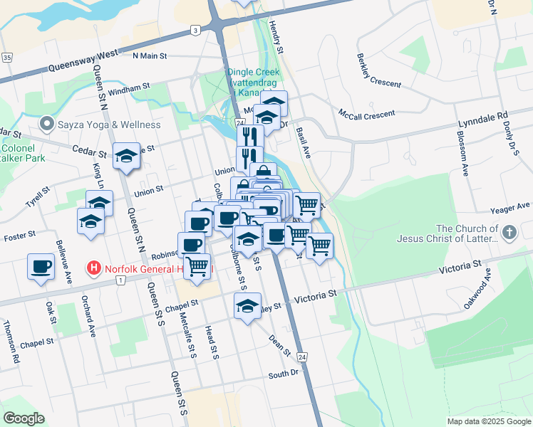 map of restaurants, bars, coffee shops, grocery stores, and more near in Simcoe