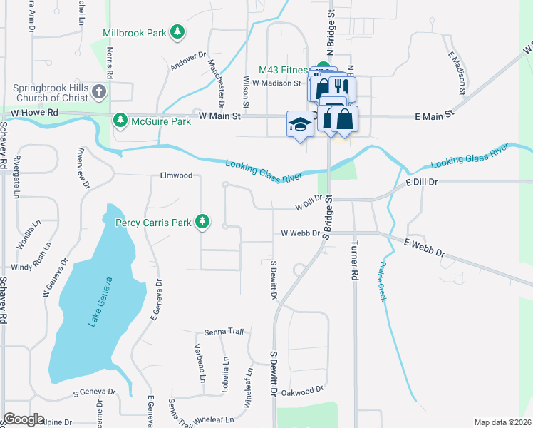 map of restaurants, bars, coffee shops, grocery stores, and more near 402 West Dill Drive in DeWitt