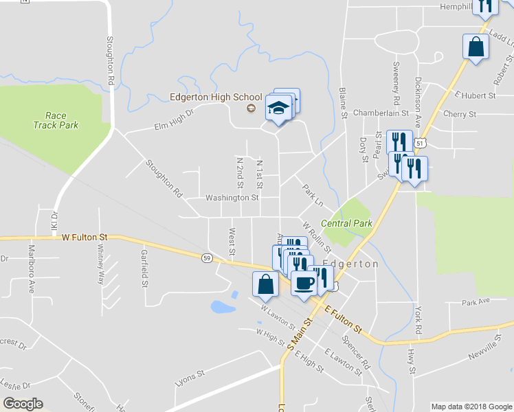 map of restaurants, bars, coffee shops, grocery stores, and more near 208 North 1st Street in Edgerton