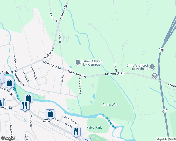 map of restaurants, bars, coffee shops, grocery stores, and more near 34 Merrimack Road in Amherst
