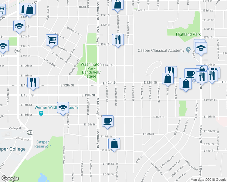 map of restaurants, bars, coffee shops, grocery stores, and more near 1234 South Washington Street in Casper