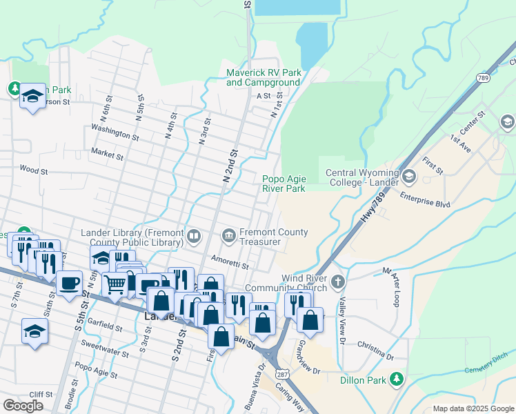 map of restaurants, bars, coffee shops, grocery stores, and more near 701-747 North 1st Street in Lander