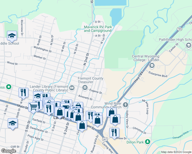map of restaurants, bars, coffee shops, grocery stores, and more near 701-747 North 1st Street in Lander
