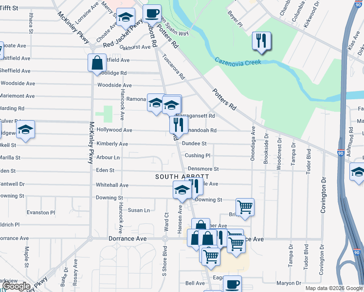 map of restaurants, bars, coffee shops, grocery stores, and more near 14 Dundee Street in Buffalo