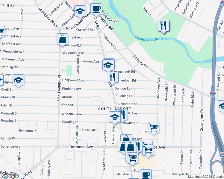 map of restaurants, bars, coffee shops, grocery stores, and more near Abbott Rd & Kimberly Ave in Buffalo