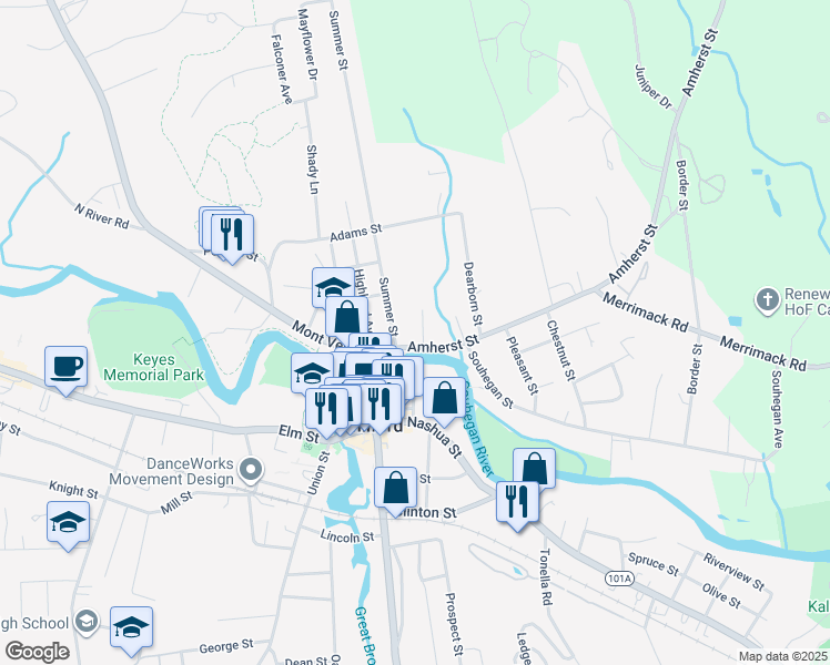 map of restaurants, bars, coffee shops, grocery stores, and more near 14 Forest Street in Milford