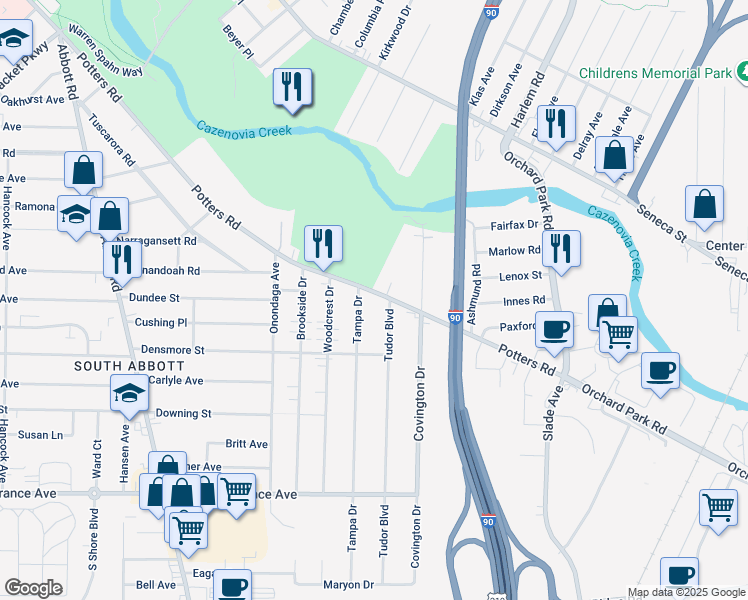 map of restaurants, bars, coffee shops, grocery stores, and more near 478 Potters Road in Buffalo