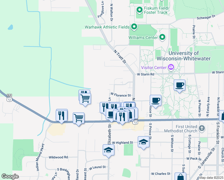 map of restaurants, bars, coffee shops, grocery stores, and more near 1161 West Carriage Drive in Whitewater