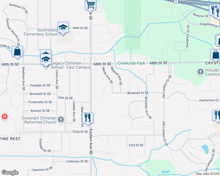 map of restaurants, bars, coffee shops, grocery stores, and more near 6908 Marshall Avenue Southeast in Grand Rapids