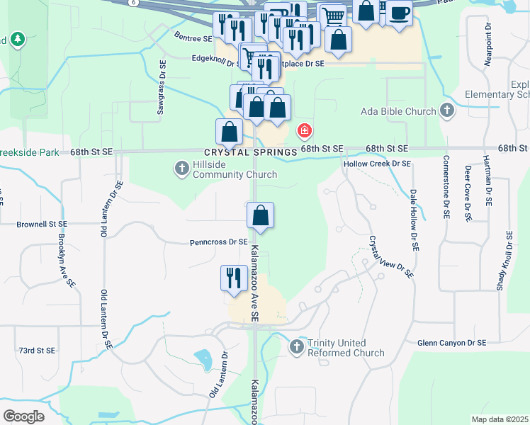 map of restaurants, bars, coffee shops, grocery stores, and more near 6960 Kalamazoo Avenue Southeast in Caledonia