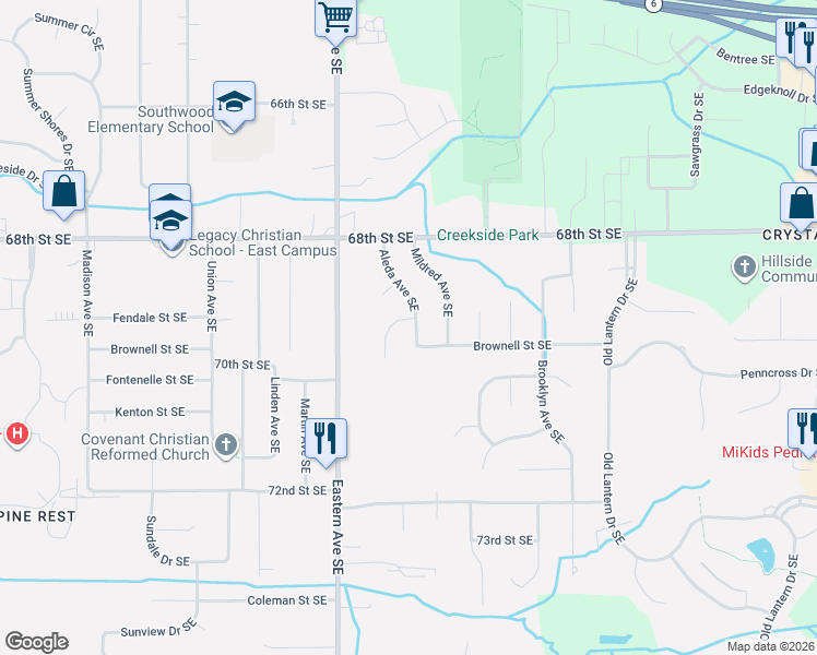 map of restaurants, bars, coffee shops, grocery stores, and more near 6908 Marshall Avenue Southeast in Grand Rapids