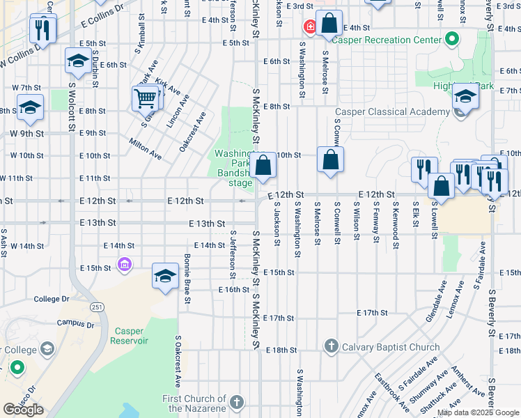 map of restaurants, bars, coffee shops, grocery stores, and more near 1225 South McKinley Street in Casper