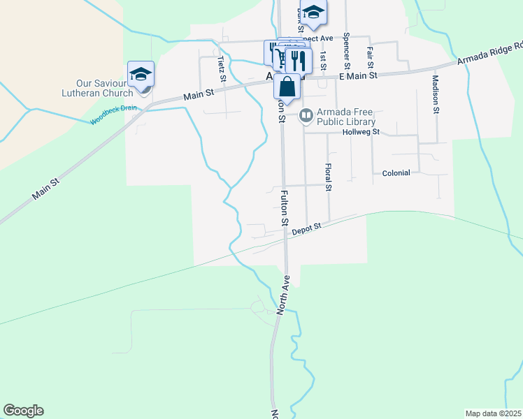 map of restaurants, bars, coffee shops, grocery stores, and more near 73381 Fulton Street in Armada