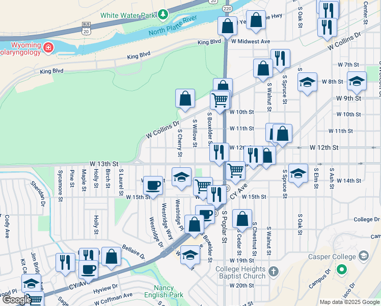 map of restaurants, bars, coffee shops, grocery stores, and more near 1140 West 12th Street in Casper