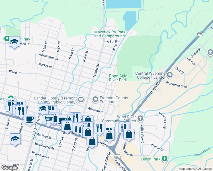 map of restaurants, bars, coffee shops, grocery stores, and more near 701-747 North 1st Street in Lander
