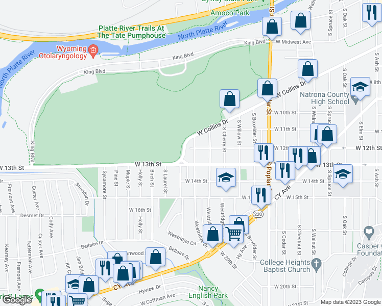 map of restaurants, bars, coffee shops, grocery stores, and more near 1210 South Locust Street in Casper