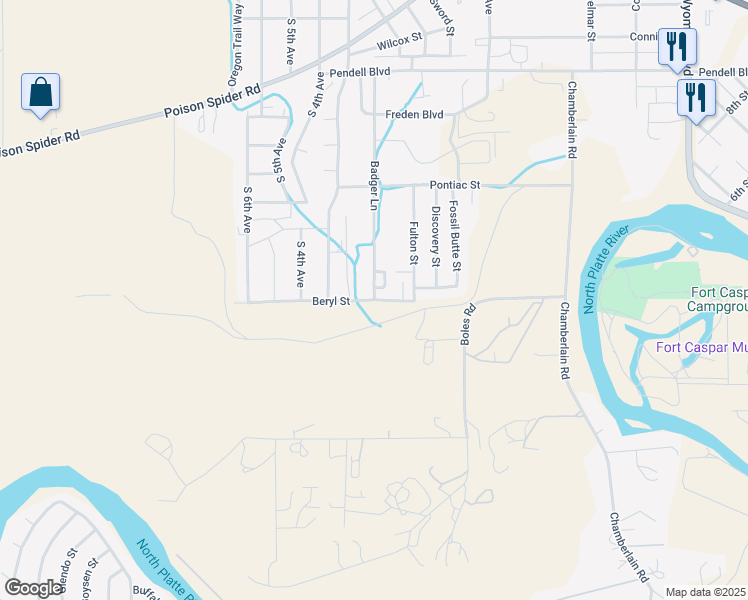 map of restaurants, bars, coffee shops, grocery stores, and more near 500 Badger Lane in Mills
