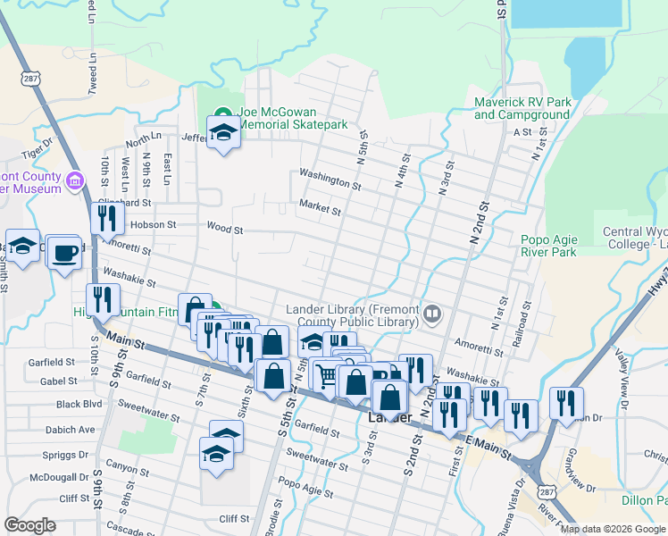 map of restaurants, bars, coffee shops, grocery stores, and more near 600 North 5th Street in Lander