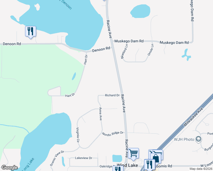 map of restaurants, bars, coffee shops, grocery stores, and more near 8618 Racine Avenue in Wind Lake