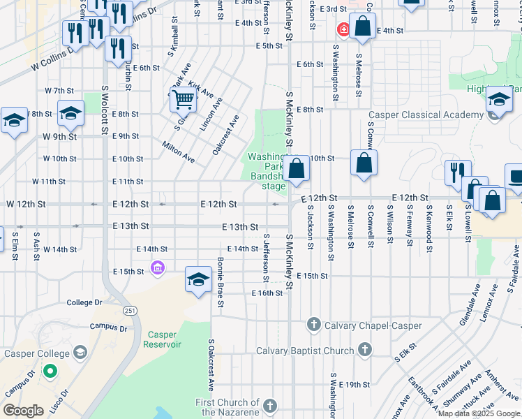 map of restaurants, bars, coffee shops, grocery stores, and more near 801-899 E 12th St in Casper