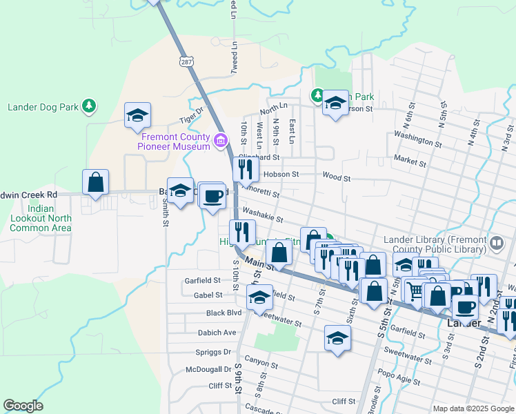 map of restaurants, bars, coffee shops, grocery stores, and more near 956 Washakie St in Lander
