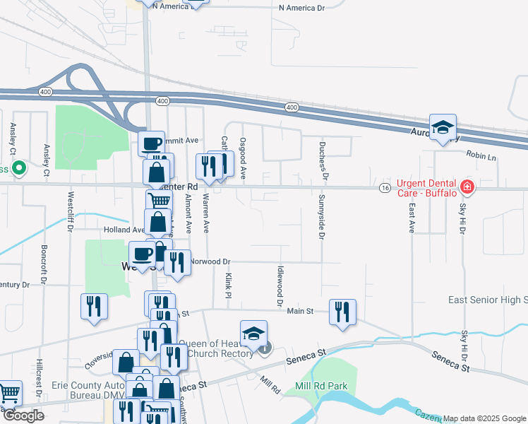 map of restaurants, bars, coffee shops, grocery stores, and more near 965 Center Road in Buffalo