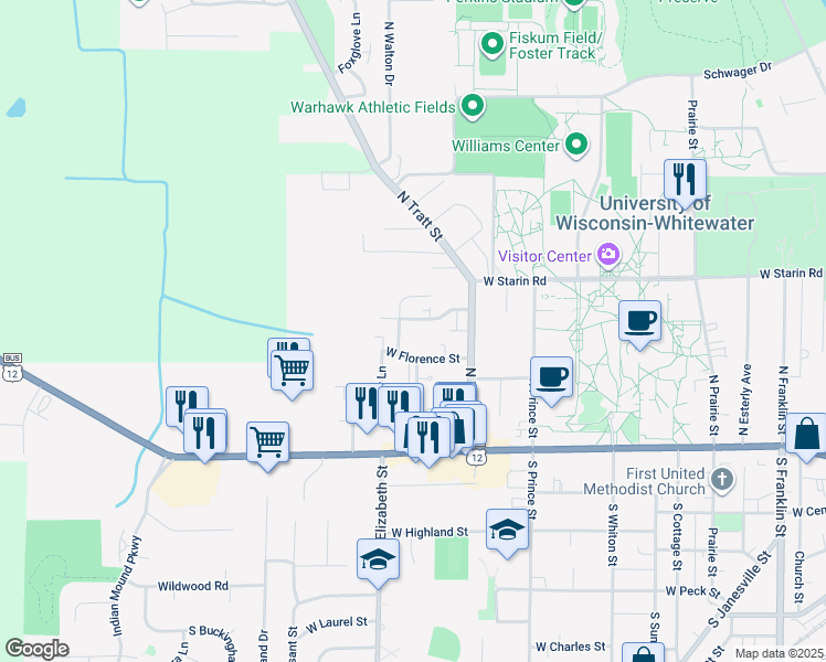 map of restaurants, bars, coffee shops, grocery stores, and more near 1161 West Carriage Drive in Whitewater